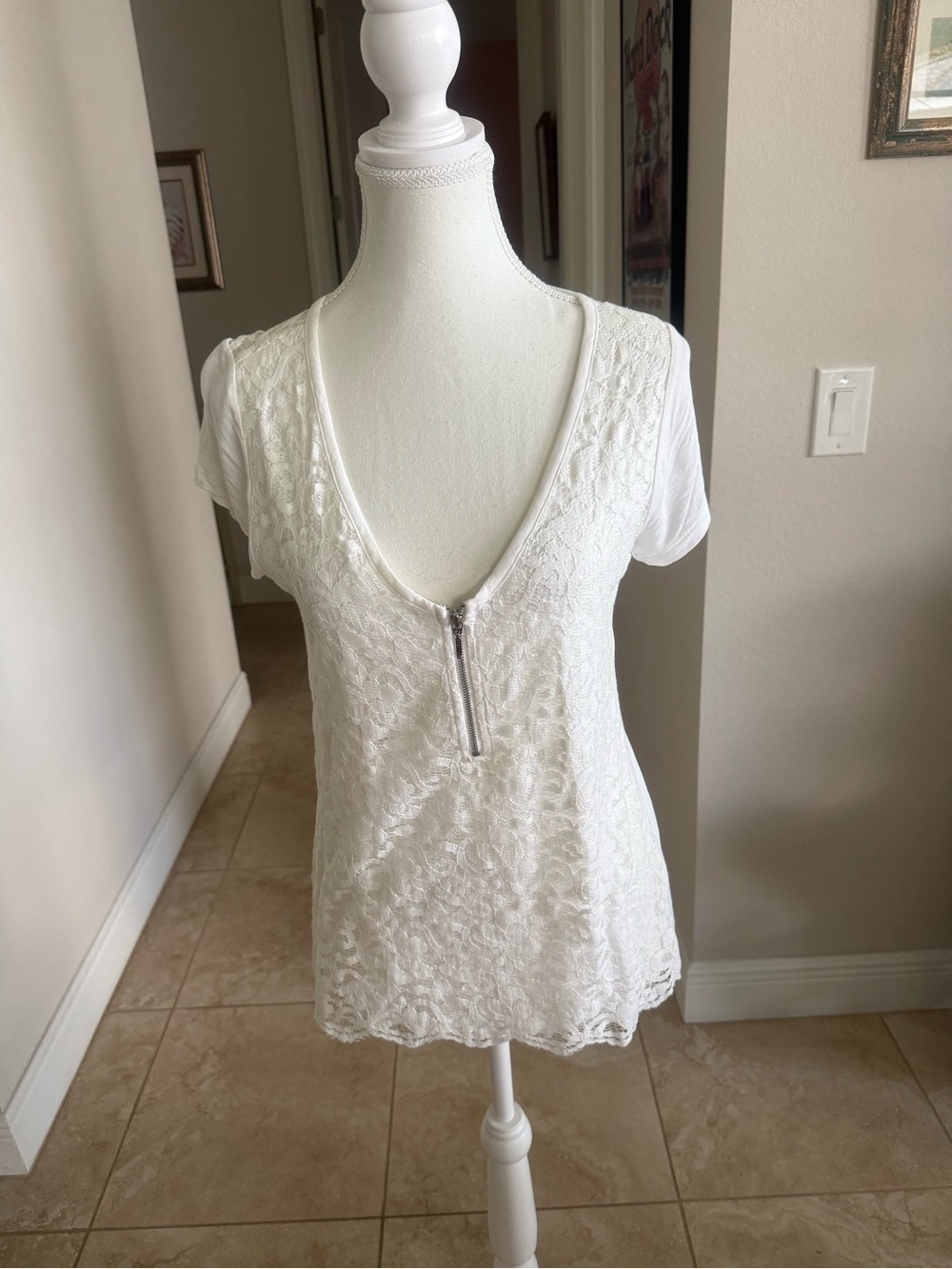 White Lace Zip-Front Women's Top